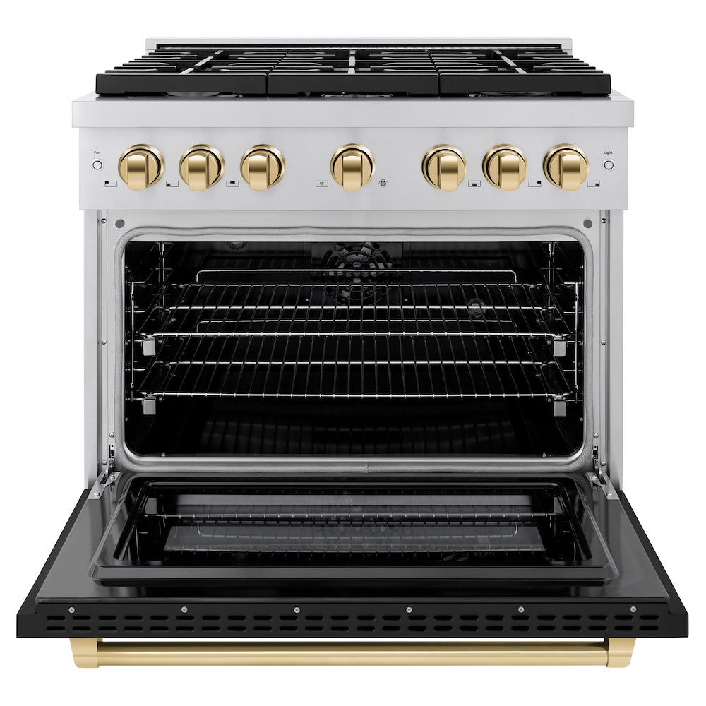 ZLINE Autograph Edition 36 in. 5.2 cu. ft. Paramount Dual Fuel Range with 6 Burner Gas Cooktop and Electric Convection Oven in Stainless Steel with Black Matte Door and Polished Gold Accents (SDRZ-BLM-36-G) front, oven open.