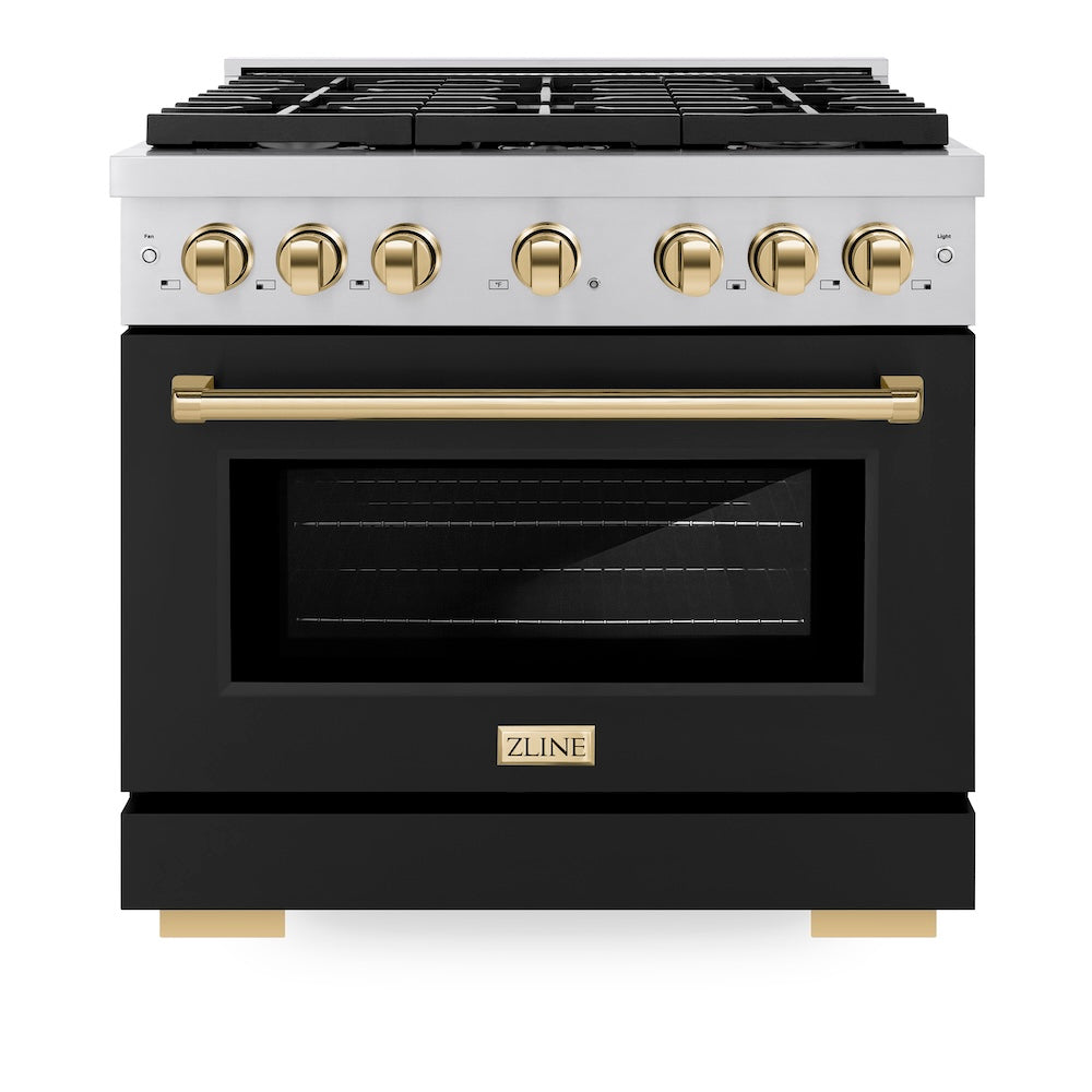 ZLINE Autograph Edition 36 in. 5.2 cu. ft. Paramount Dual Fuel Range with 6 Burner Gas Cooktop and Electric Convection Oven in Stainless Steel with Black Matte Door and Polished Gold Accents (SDRZ-BLM-36-G) front, oven closed.