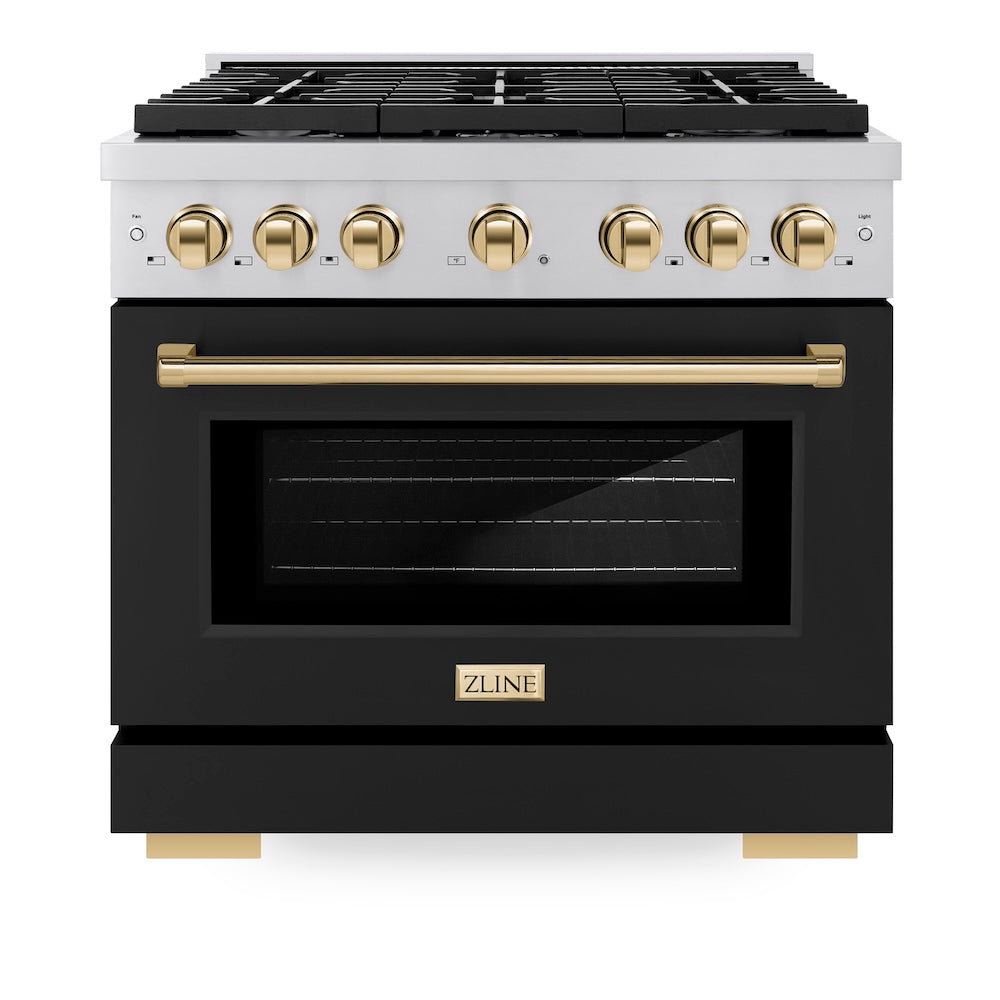 ZLINE Autograph Edition 36 in. 5.2 cu. ft. Paramount Dual Fuel Range with 6 Burner Gas Cooktop and Electric Convection Oven in Stainless Steel with Black Matte Door and Polished Gold Accents, Open Box-Great Condition