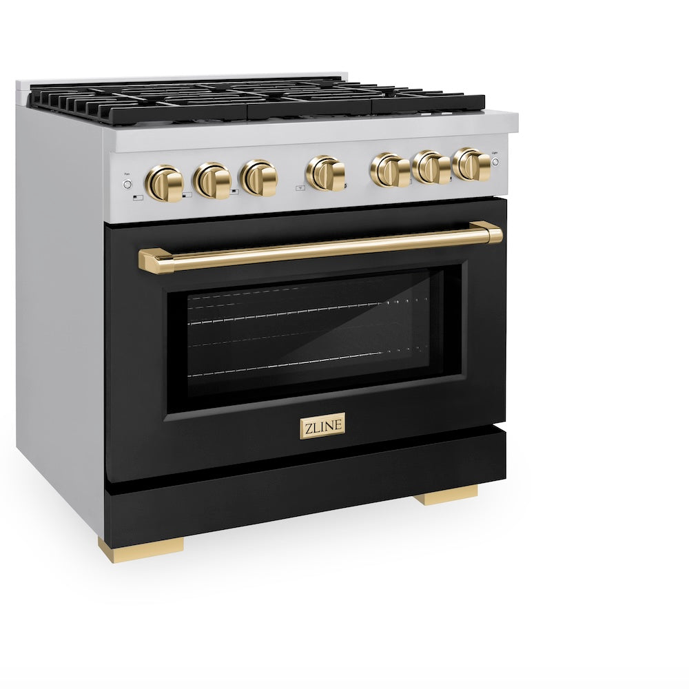 ZLINE Autograph Edition 36 in. 5.2 cu. ft. Paramount Dual Fuel Range with 6 Burner Gas Cooktop and Electric Convection Oven in Stainless Steel with Black Matte Door and Polished Gold Accents (SDRZ-BLM-36-G) side, oven closed.