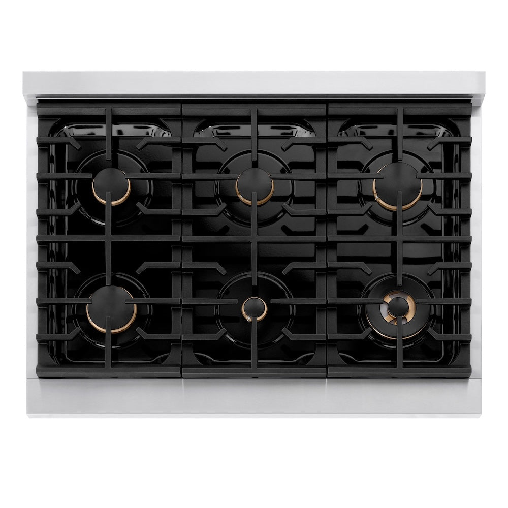 ZLINE Autograph Edition 36 in. 5.2 cu. ft. Paramount Dual Fuel Range with 6 Burner Gas Cooktop and Electric Convection Oven in Stainless Steel with Black Matte Door and Polished Gold Accents, Open Box-Great Condition