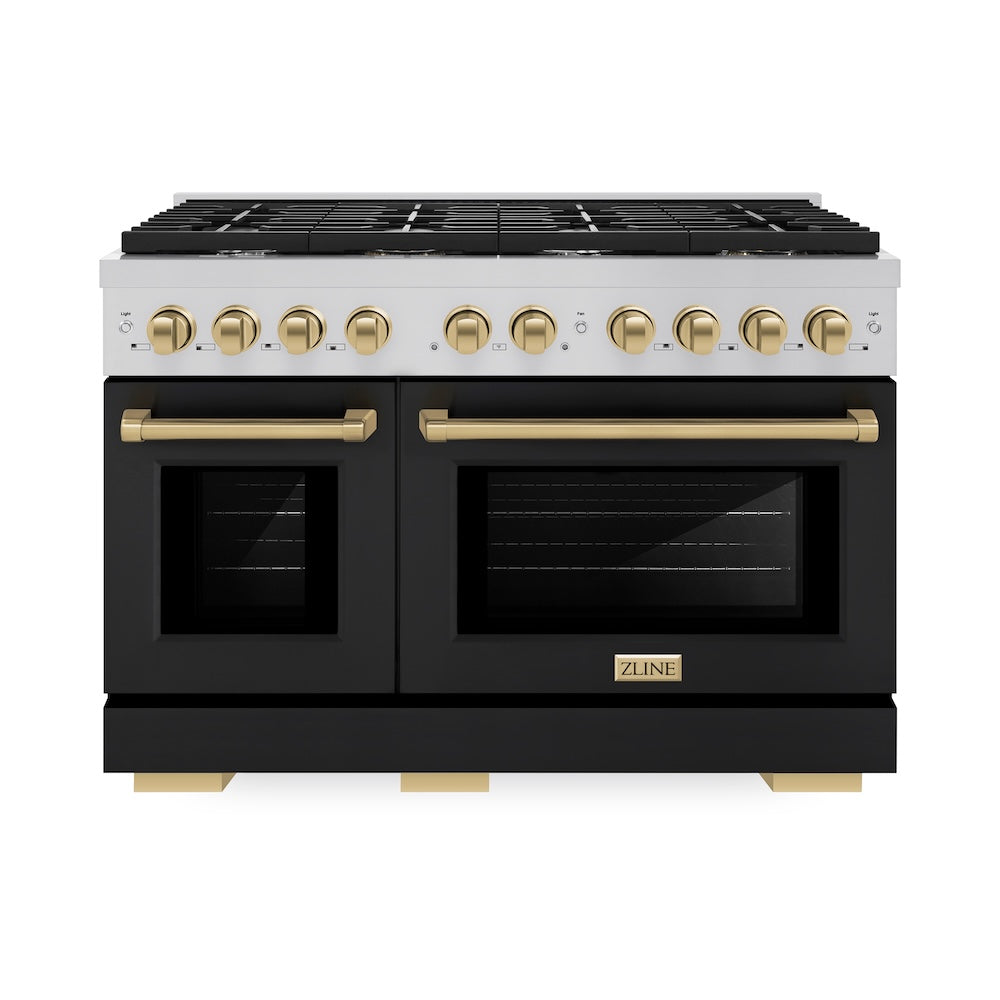 ZLINE Autograph Edition 48 in. 6.7 cu. ft. Paramount Double Oven Dual Fuel Range with 8 Burner Gas Cooktop in Stainless Steel with Black Matte Doors and Champagne Bronze Accents, Open Box-Great Condition