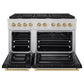ZLINE Autograph Edition 48 in. 6.7 cu. ft. Paramount Double Oven Dual Fuel Range with 8 Burner Gas Cooktop in Stainless Steel with Black Matte Doors and Champagne Bronze Accents (SDRZ-BLM-48-CB) front, oven open.