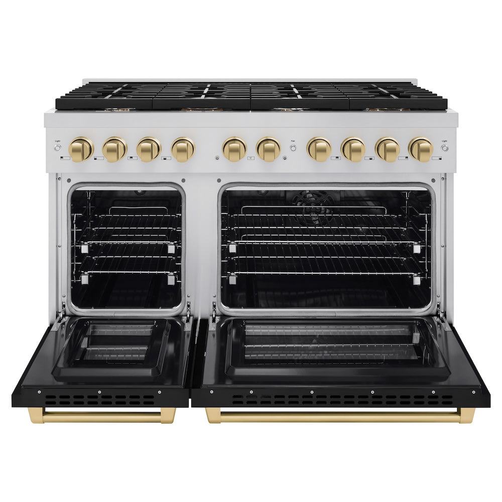 ZLINE Autograph Edition 48 in. 6.7 cu. ft. Paramount Double Oven Dual Fuel Range with 8 Burner Gas Cooktop in Stainless Steel with Black Matte Doors and Champagne Bronze Accents, Open Box-Great Condition