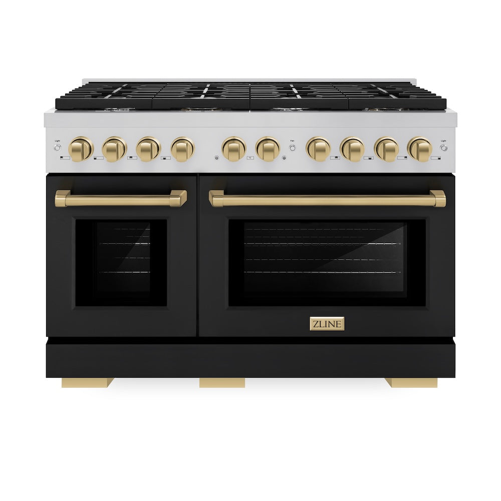 ZLINE Autograph Edition 48 in. 6.7 cu. ft. Paramount Double Oven Dual Fuel Range with 8 Burner Gas Cooktop in Stainless Steel with Black Matte Doors and Champagne Bronze Accents (SDRZ-BLM-48-CB) front, oven closed.