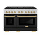 ZLINE Autograph Edition 48 in. 6.7 cu. ft. Paramount Double Oven Dual Fuel Range with 8 Burner Gas Cooktop in Stainless Steel with Black Matte Doors and Champagne Bronze Accents (SDRZ-BLM-48-CB) front, oven closed.