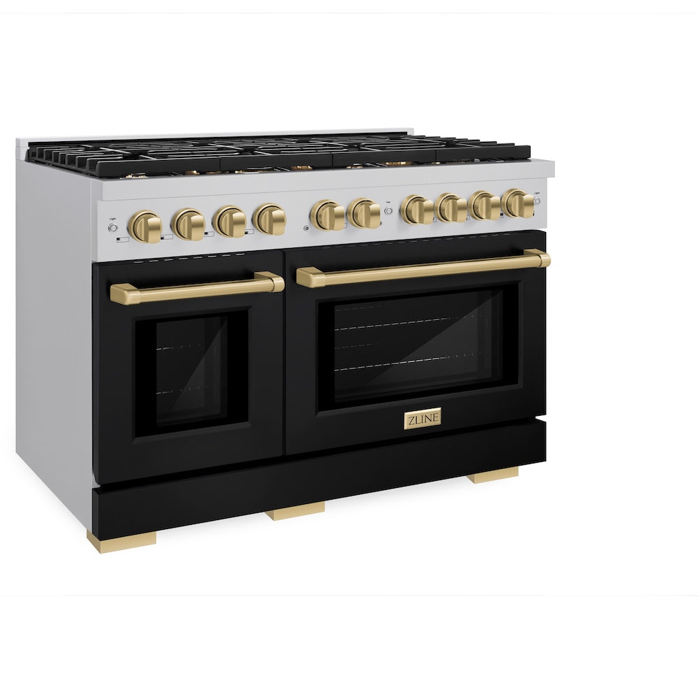 ZLINE Autograph Edition 48 in. 6.7 cu. ft. Paramount Double Oven Dual Fuel Range with 8 Burner Gas Cooktop in Stainless Steel with Black Matte Doors and Champagne Bronze Accents (SDRZ-BLM-48-CB) side, oven closed.