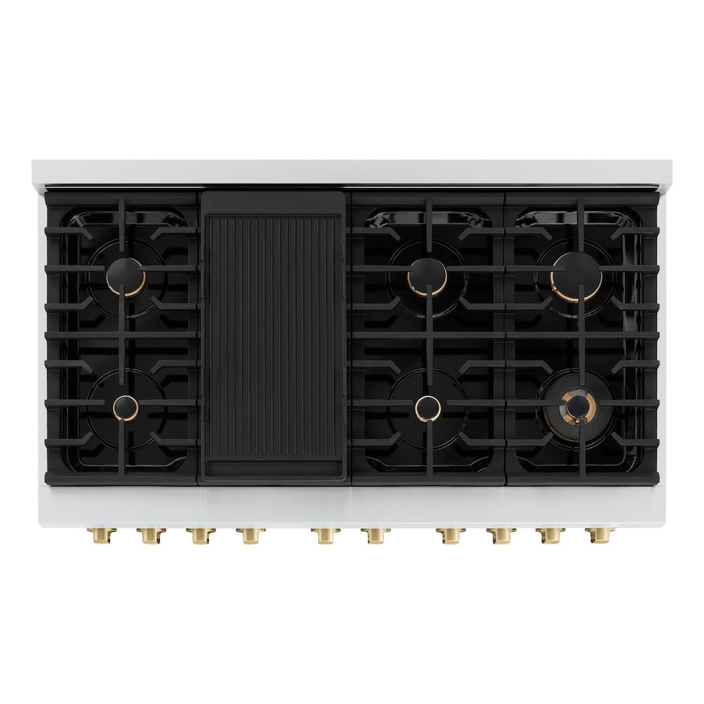 ZLINE Autograph Edition 48 in. 6.7 cu. ft. Paramount Double Oven Dual Fuel Range with 8 Burner Gas Cooktop in Stainless Steel with Black Matte Doors and Champagne Bronze Accents, Open Box-Great Condition