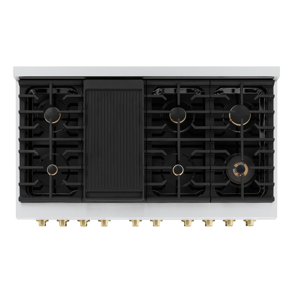 ZLINE Autograph Edition 48 in. 6.7 cu. ft. Paramount Double Oven Dual Fuel Range with 8 Burner Gas Cooktop in Stainless Steel with Black Matte Doors and Champagne Bronze Accents (SDRZ-BLM-48-CB) top-down, above cooktop.