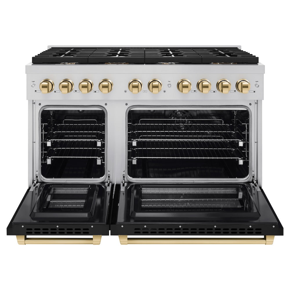 ZLINE Autograph Edition 48 in. 6.7 cu. ft. Paramount Double Oven Dual Fuel Range with 8 Burner Gas Cooktop in Stainless Steel with Black Matte Doors and Polished Gold Accents (SDRZ-BLM-48-G)