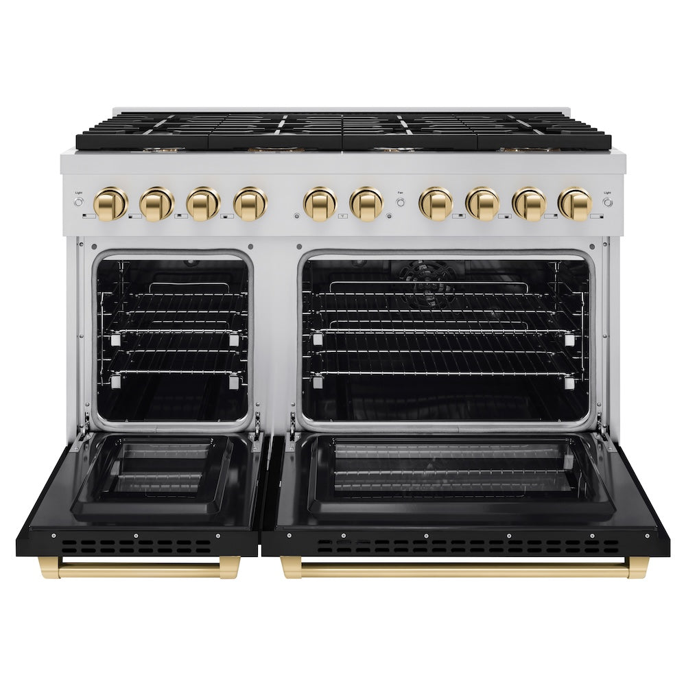 ZLINE Autograph Edition 48 in. 6.7 cu. ft. Paramount Double Oven Dual Fuel Range with 8 Burner Gas Cooktop in Stainless Steel with Black Matte Doors and Polished Gold Accents, Open Box-Great Condition