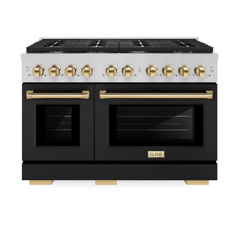 ZLINE Autograph Edition 48 in. 6.7 cu. ft. Paramount Double Oven Dual Fuel Range with 8 Burner Gas Cooktop in Stainless Steel with Black Matte Doors and Polished Gold Accents (SDRZ-BLM-48-G) front, oven closed.