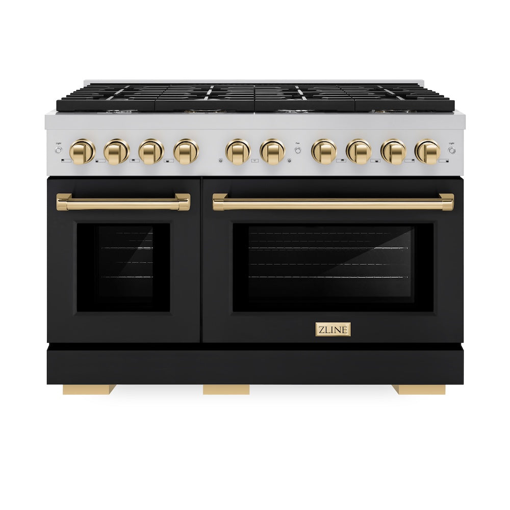 ZLINE Autograph Edition 48 in. 6.7 cu. ft. Paramount Double Oven Dual Fuel Range with 8 Burner Gas Cooktop in Stainless Steel with Black Matte Doors and Polished Gold Accents, Open Box-Great Condition
