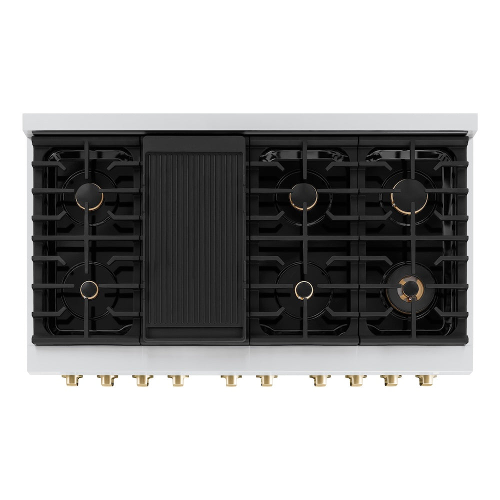 ZLINE Autograph Edition 48 in. 6.7 cu. ft. Paramount Double Oven Dual Fuel Range with 8 Burner Gas Cooktop in Stainless Steel with Black Matte Doors and Polished Gold Accents (SDRZ-BLM-48-G) top-down, above cooktop.