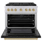 ZLINE Autograph Edition 36 in. 5.2 cu. ft. Paramount Gas Range with 6 Burner Cooktop and Convection Gas Oven in Stainless Steel with Black Matte Door and Champagne Bronze Accents (SGRZ-BLM-36-CB) front, oven open.