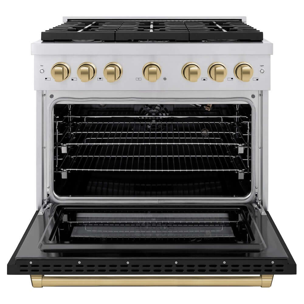 ZLINE Autograph Edition 36 in. 5.2 cu. ft. 6 Burner Gas Range with Convection Gas Oven in Stainless Steel with Black Matte Door and Champagne Bronze Accents (SGRZ-BLM-36-CB)