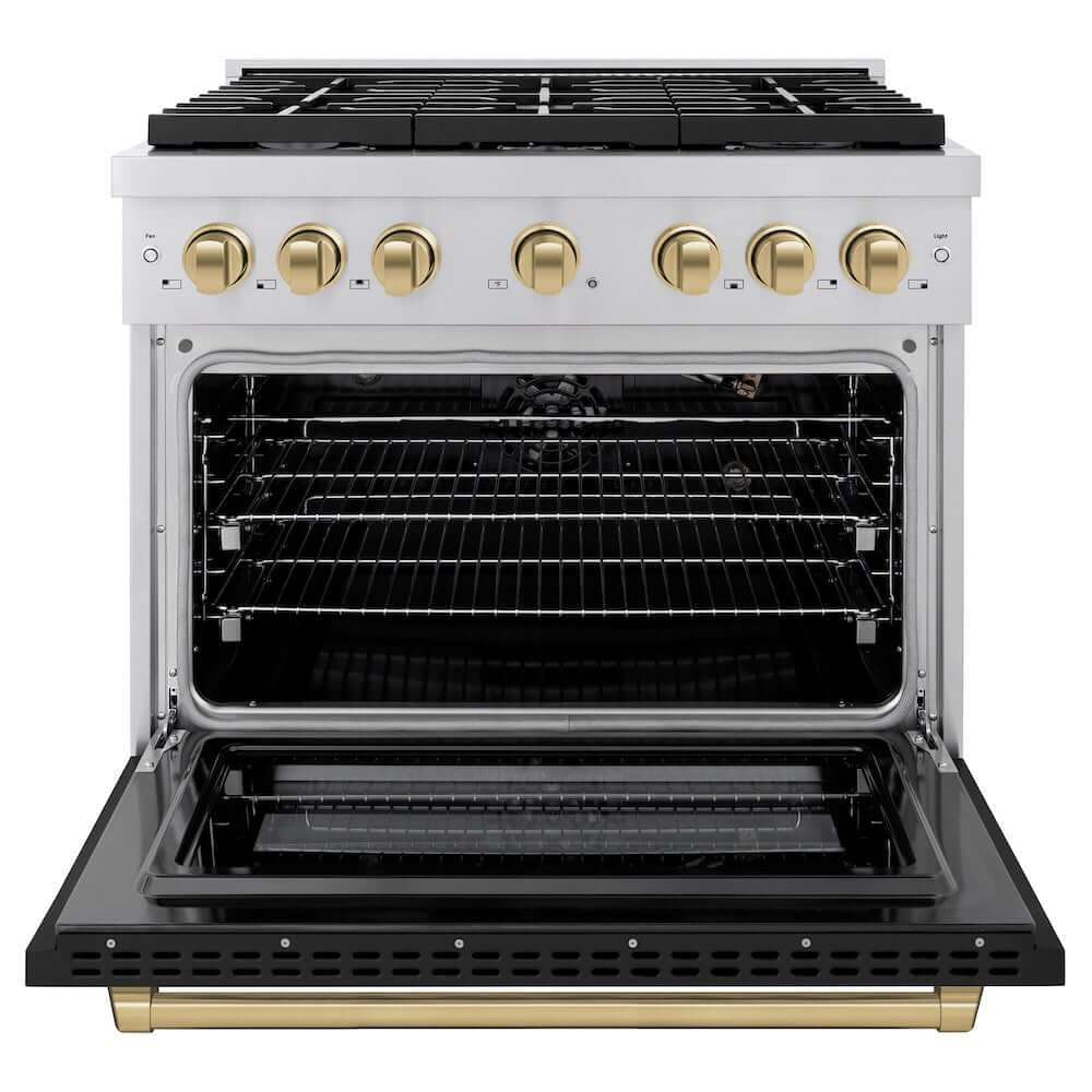 ZLINE Autograph Edition 36 in. 5.2 cu. ft. Paramount Gas Range with 6 Burner Cooktop and Convection Gas Oven in Stainless Steel with Black Matte Door and Champagne Bronze Accents (SGRZ-BLM-36-CB) front, oven open.