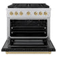 ZLINE Autograph Edition 36 in. 5.2 cu. ft. Paramount Gas Range with 6 Burner Cooktop and Convection Gas Oven in Stainless Steel with Black Matte Door and Champagne Bronze Accents, Open Box-Great Condition