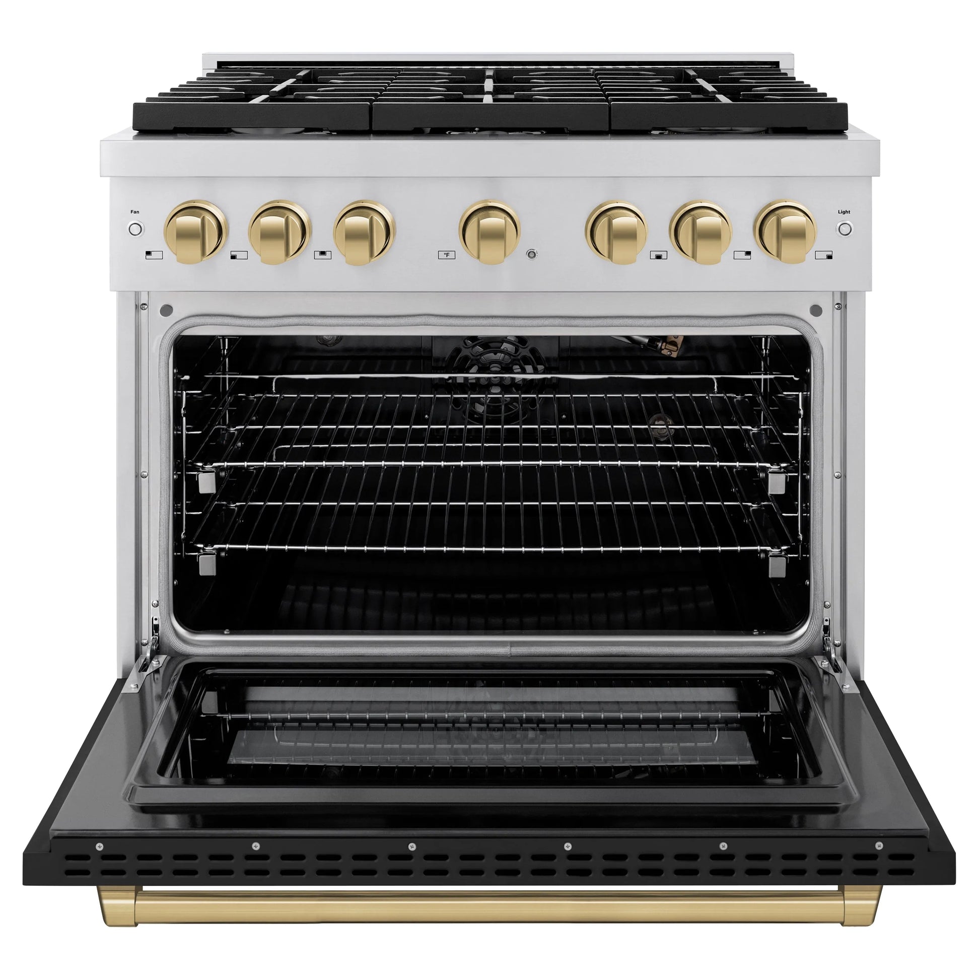 ZLINE Autograph Edition 36 in. 5.2 cu. ft. Paramount Gas Range with 6 Burner Cooktop and Convection Gas Oven in Stainless Steel with Black Matte Door and Champagne Bronze Accents, Open Box-Great Condition