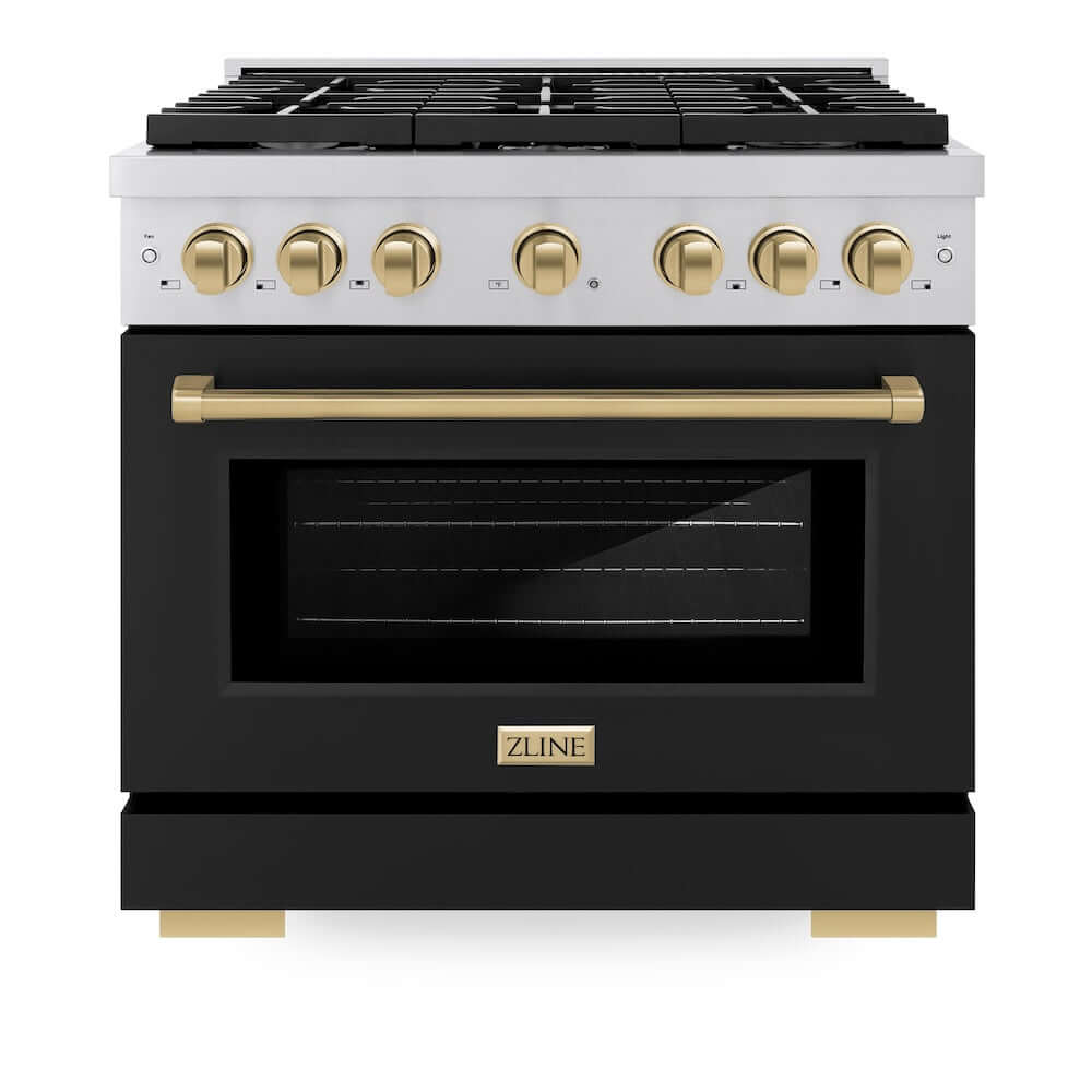 ZLINE Autograph Edition 36 in. 5.2 cu. ft. Paramount Gas Range with 6 Burner Cooktop and Convection Gas Oven in Stainless Steel with Black Matte Door and Champagne Bronze Accents (SGRZ-BLM-36-CB) front, oven closed.