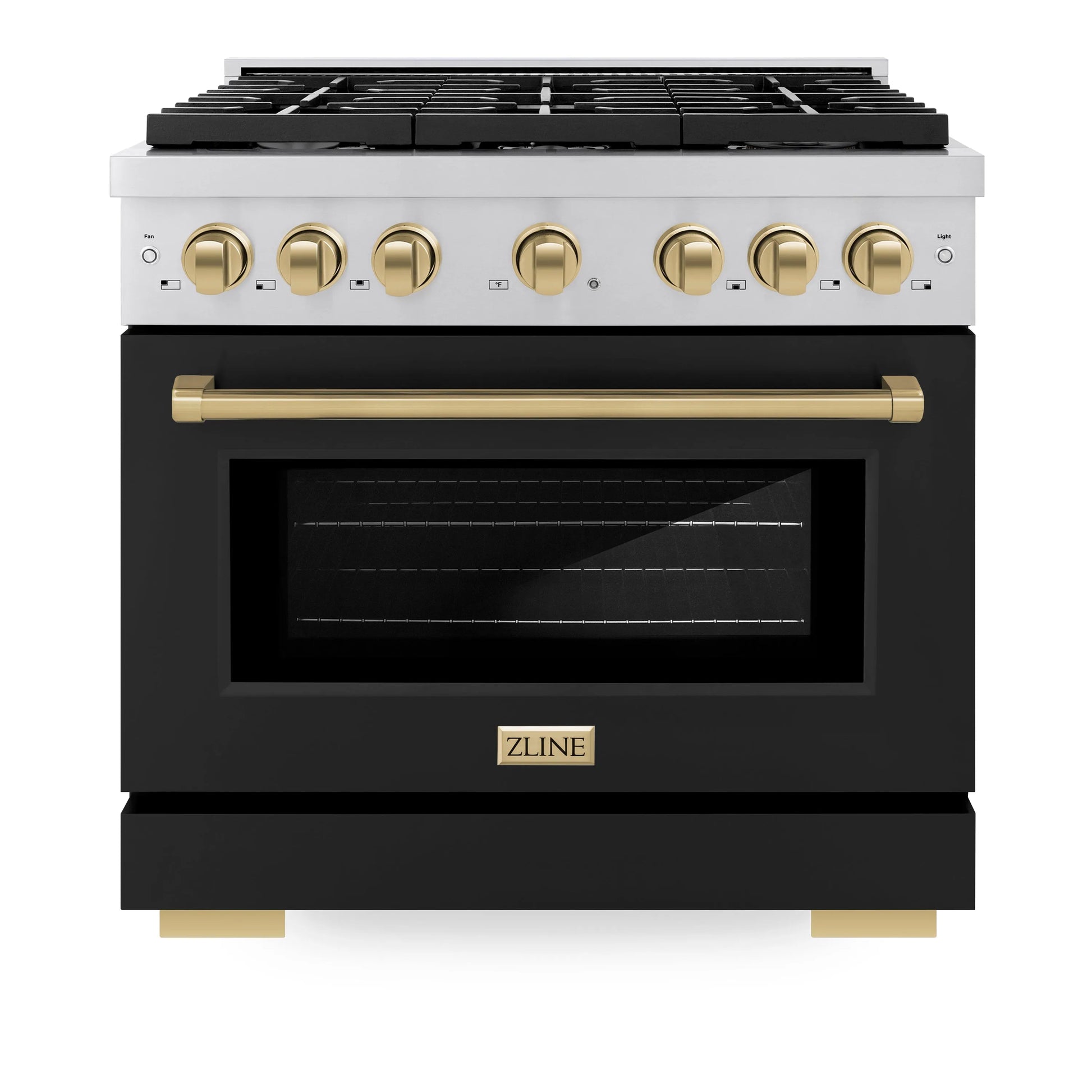 ZLINE Autograph Edition 36 in. 5.2 cu. ft. Paramount Gas Range with 6 Burner Cooktop and Convection Gas Oven in Stainless Steel with Black Matte Door and Champagne Bronze Accents, Open Box-Great Condition