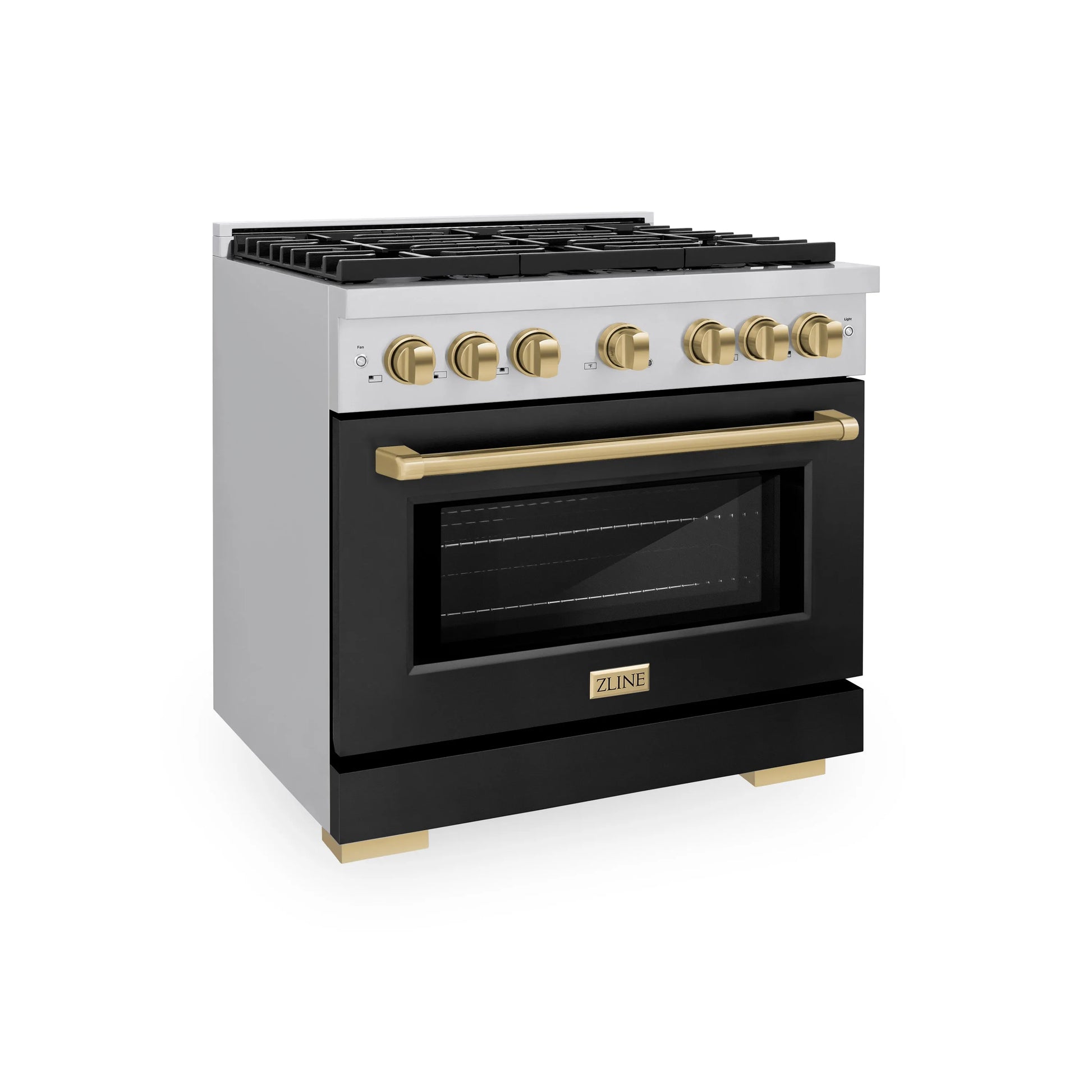 ZLINE Autograph Edition 36 in. 5.2 cu. ft. Paramount Gas Range with 6 Burner Cooktop and Convection Gas Oven in Stainless Steel with Black Matte Door and Champagne Bronze Accents, Open Box-Great Condition main image.