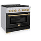 ZLINE Autograph Edition 36 in. 5.2 cu. ft. Paramount Gas Range with 6 Burner Cooktop and Convection Gas Oven in Stainless Steel with Black Matte Door and Champagne Bronze Accents (SGRZ-BLM-36-CB) side, oven closed.