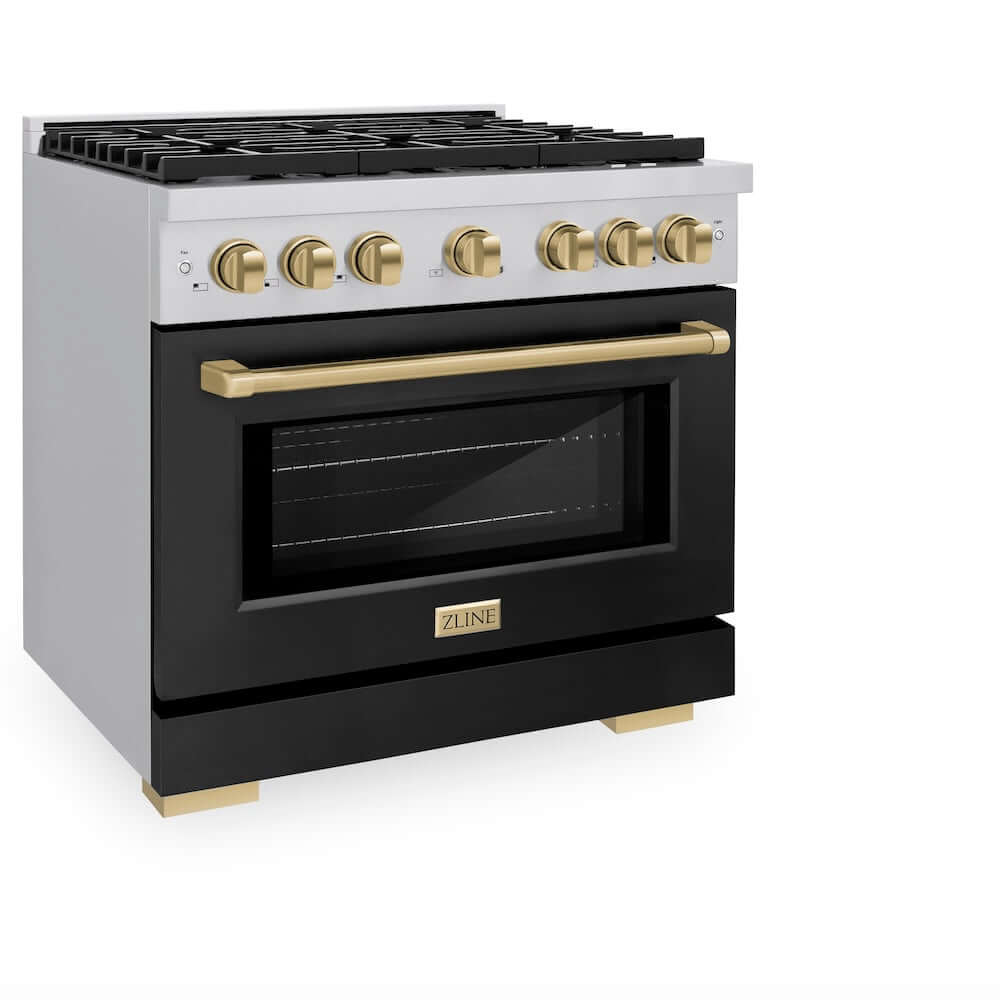 ZLINE Autograph Edition 36 in. 5.2 cu. ft. 6 Burner Gas Range with Convection Gas Oven in Stainless Steel with Black Matte Door and Champagne Bronze Accents (SGRZ-BLM-36-CB)