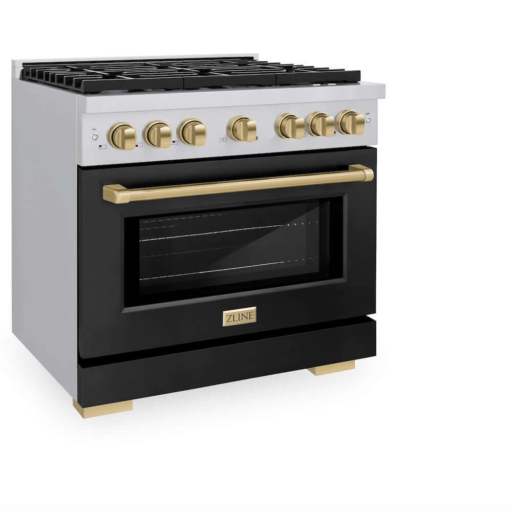ZLINE Autograph Edition 36 in. 5.2 cu. ft. Paramount Gas Range with 6 Burner Cooktop and Convection Gas Oven in Stainless Steel with Black Matte Door and Champagne Bronze Accents (SGRZ-BLM-36-CB) side, oven closed.