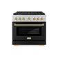 ZLINE Autograph Edition 36 in. 5.2 cu. ft. Paramount Gas Range with 6 Burner Cooktop and Convection Gas Oven in Stainless Steel with Black Matte Door and Polished Gold Accents, Open Box-Great Condition