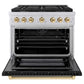 ZLINE Autograph Edition 36 in. 5.2 cu. ft. Paramount Gas Range with 6 Burner Cooktop and Convection Gas Oven in Stainless Steel with Black Matte Door and Polished Gold Accents (SGRZ-BLM-36-G) front, oven open.