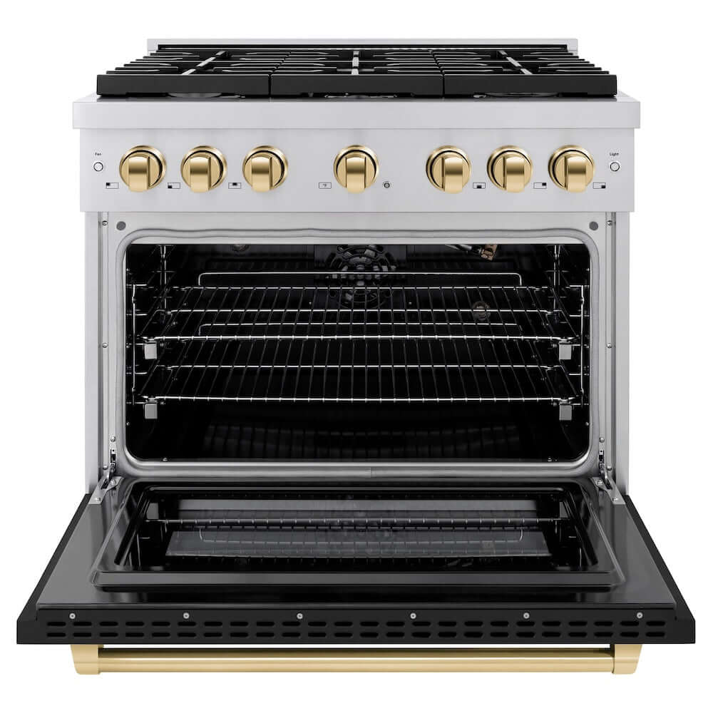 ZLINE Autograph Edition 36 in. 5.2 cu. ft. 6 Burner Gas Range with Convection Gas Oven in Stainless Steel with Black Matte Door and Polished Gold Accents (SGRZ-BLM-36-G)