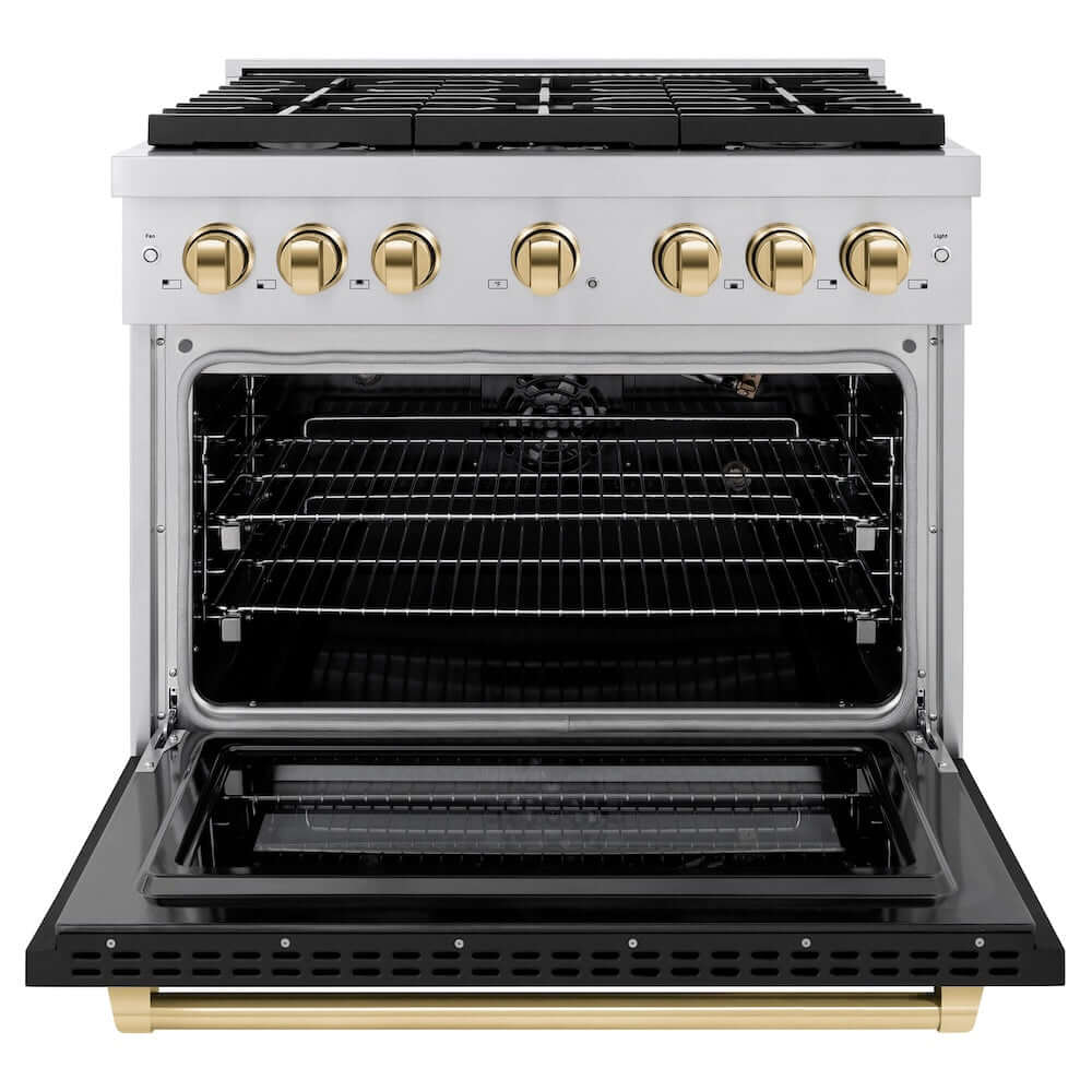 ZLINE Autograph Edition 36 in. 5.2 cu. ft. Paramount Gas Range with 6 Burner Cooktop and Convection Gas Oven in Stainless Steel with Black Matte Door and Polished Gold Accents (SGRZ-BLM-36-G) front, oven open.