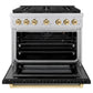 ZLINE Autograph Edition 36 in. 5.2 cu. ft. Paramount Gas Range with 6 Burner Cooktop and Convection Gas Oven in Stainless Steel with Black Matte Door and Polished Gold Accents, Open Box-Great Condition