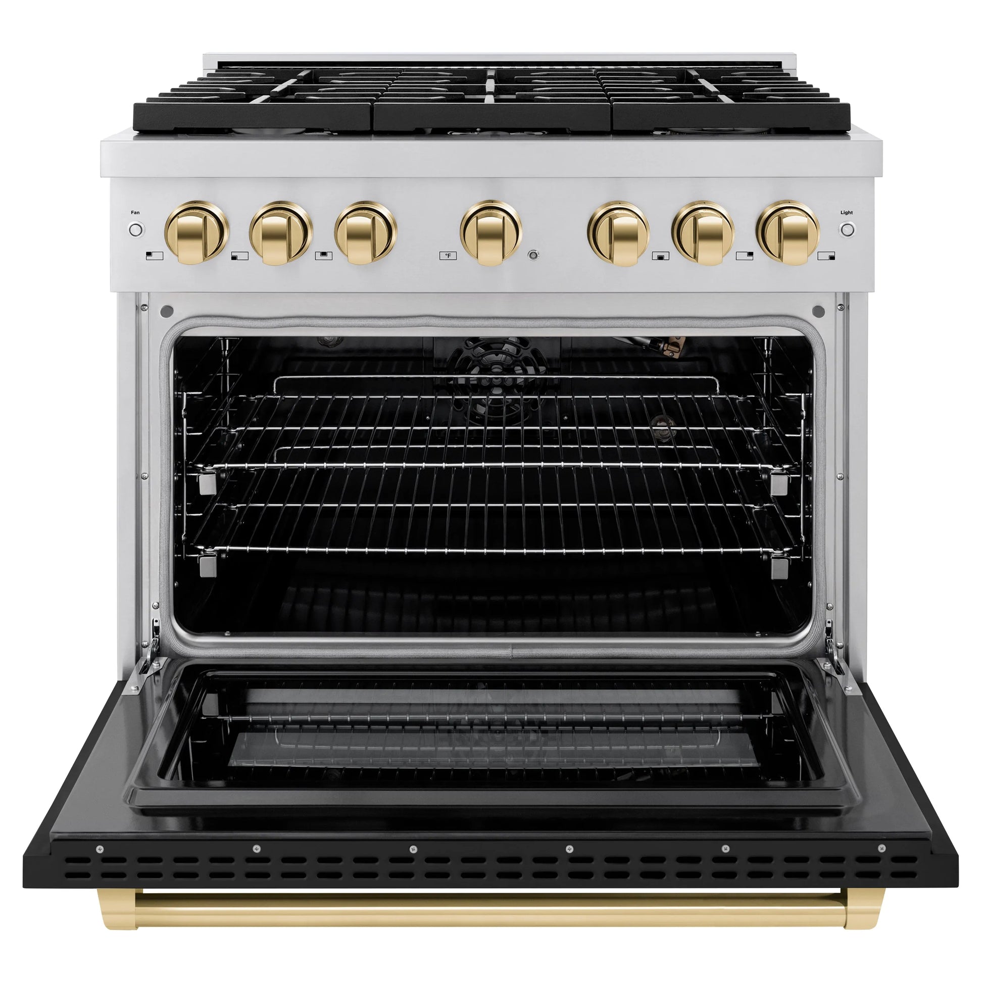 ZLINE Autograph Edition 36 in. 5.2 cu. ft. Paramount Gas Range with 6 Burner Cooktop and Convection Gas Oven in Stainless Steel with Black Matte Door and Polished Gold Accents, Open Box-Great Condition