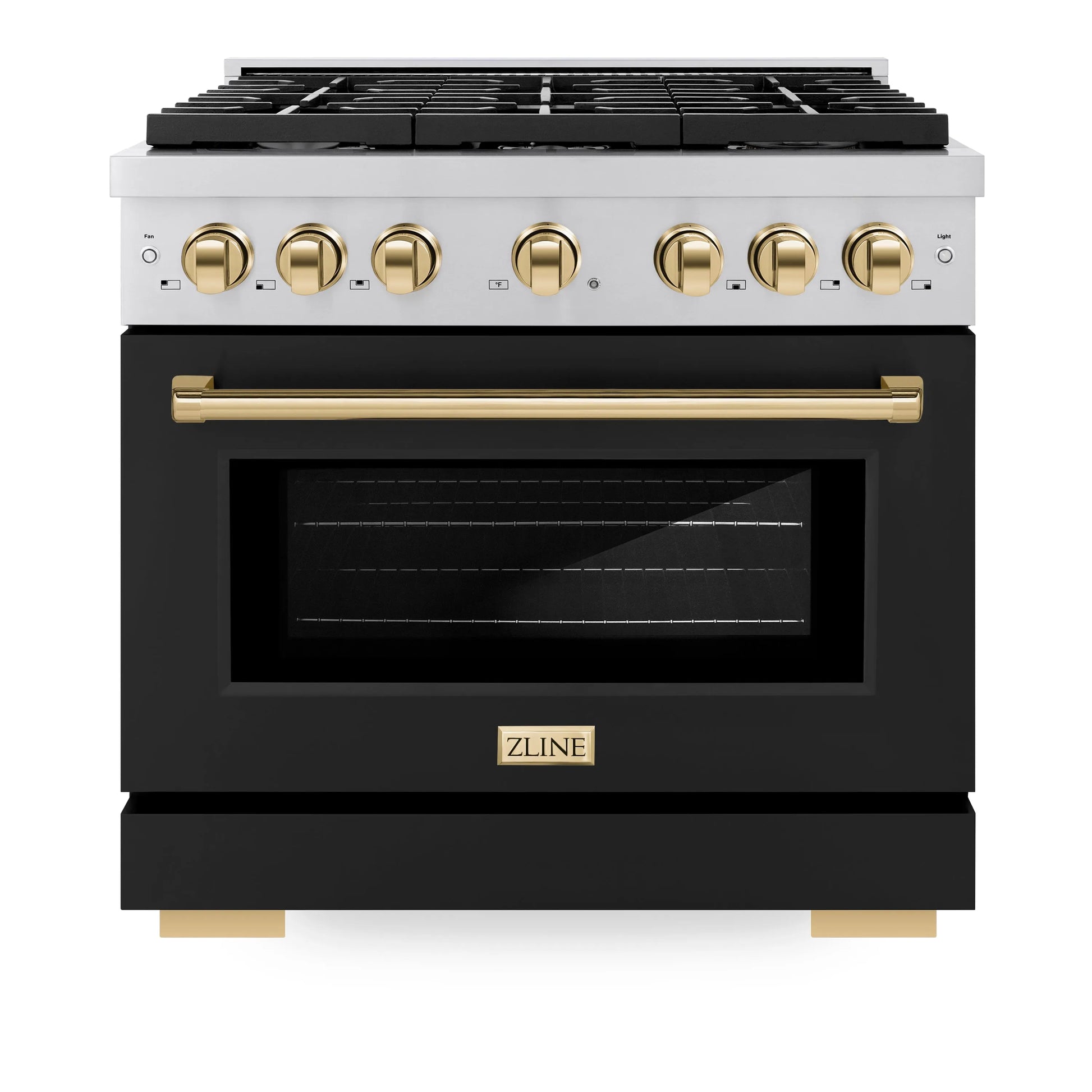 ZLINE Autograph Edition 36 in. 5.2 cu. ft. Paramount Gas Range with 6 Burner Cooktop and Convection Gas Oven in Stainless Steel with Black Matte Door and Polished Gold Accents, Open Box-Great Condition