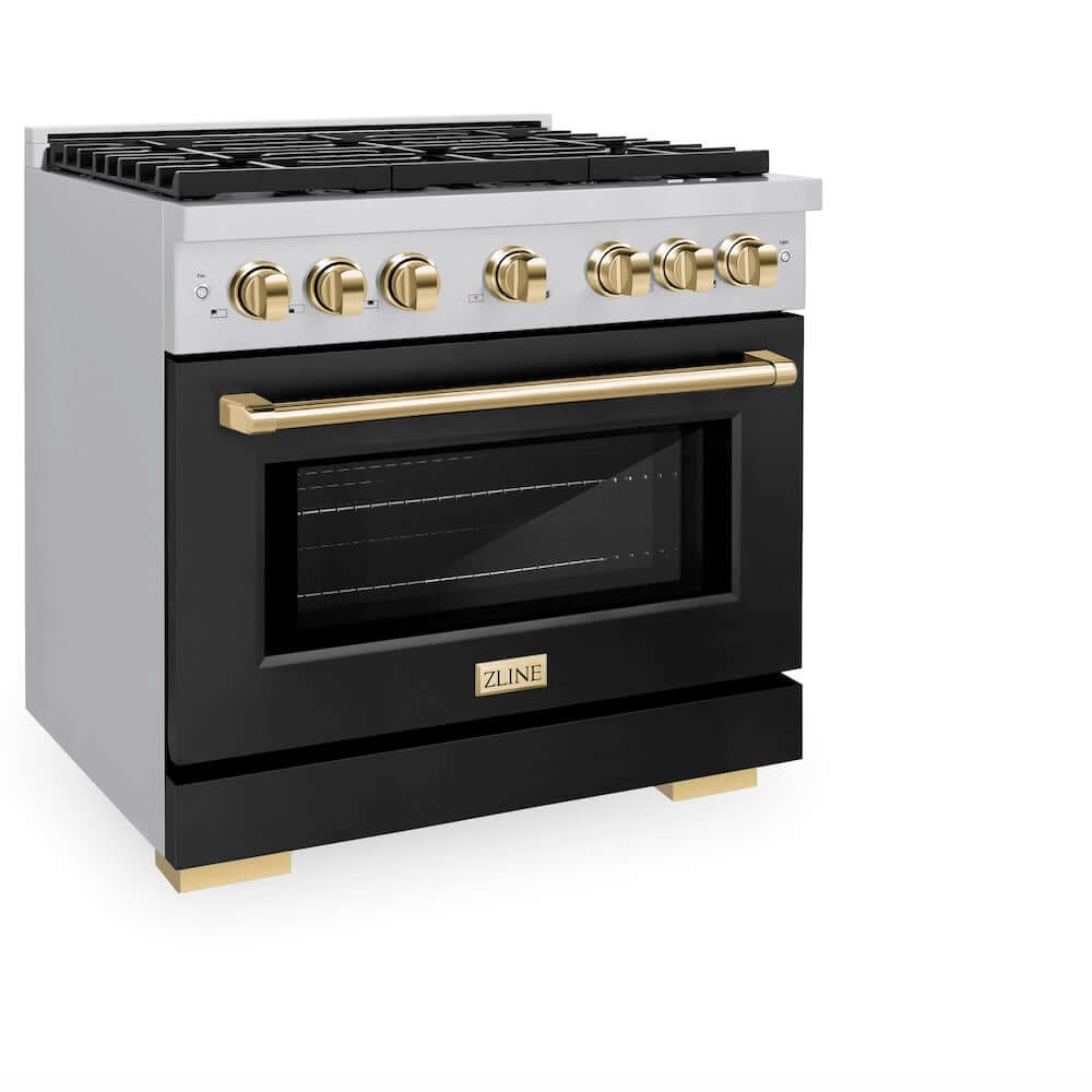 ZLINE Autograph Edition 36 in. 5.2 cu. ft. 6 Burner Gas Range with Convection Gas Oven in Stainless Steel with Black Matte Door and Polished Gold Accents (SGRZ-BLM-36-G)