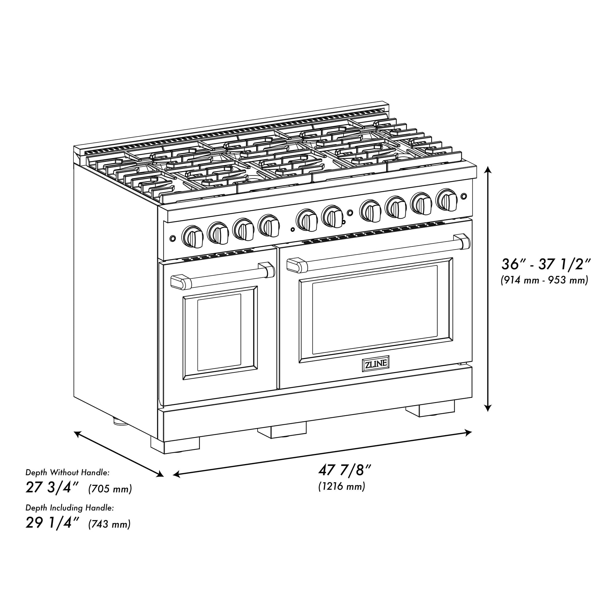 ZLINE Autograph Edition 48 in. 6.7 cu. ft. Paramount Double Oven Gas Range with 8 Burner Cooktop in Stainless Steel with Black Matte Doors and Champagne Bronze Accents, Open Box-Great Condition