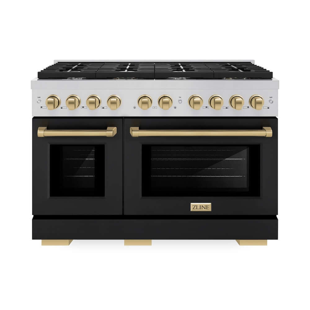 ZLINE Autograph Edition 48 in. Gas Range with Black Matte Doors and Champagne Bronze Accents (SGRZ-BLM-48-CB) front, oven doors closed.