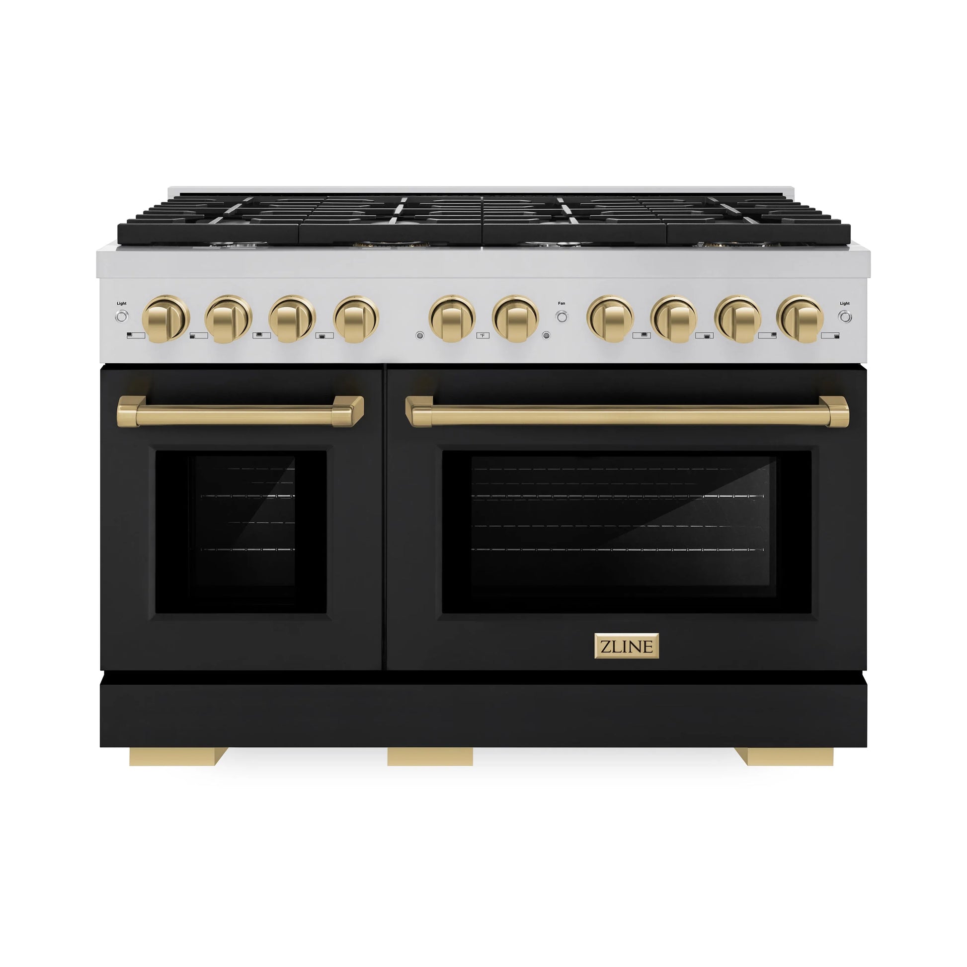 ZLINE Autograph Edition 48 in. 6.7 cu. ft. Paramount Double Oven Gas Range with 8 Burner Cooktop in Stainless Steel with Black Matte Doors and Champagne Bronze Accents, Open Box-Great Condition