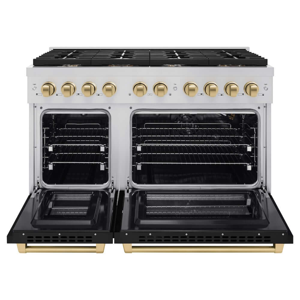 ZLINE Autograph Edition 48 in. Gas Range with Black Matte Doors and Champagne Bronze Accents (SGRZ-BLM-48-CB) front, oven doors open.