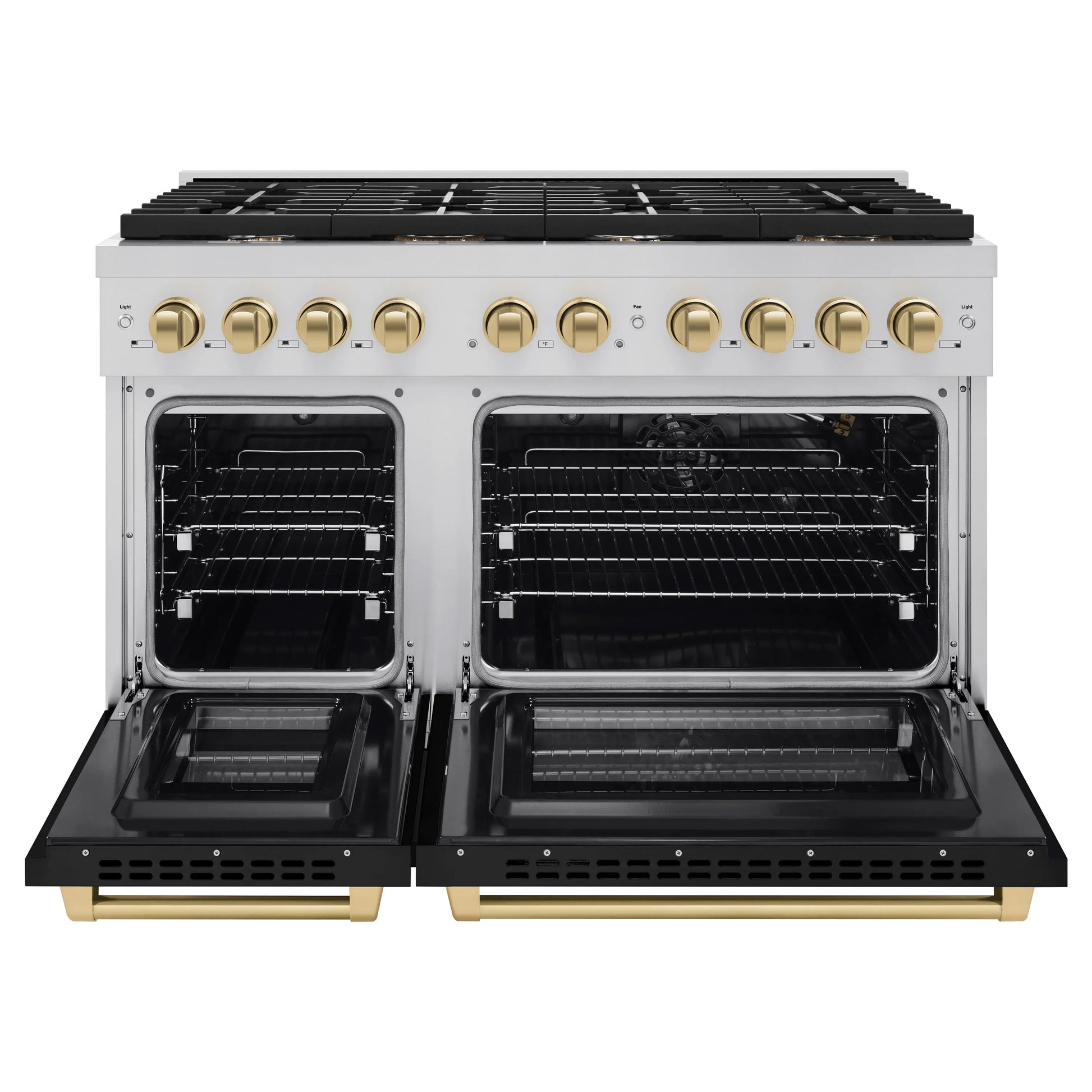 ZLINE Autograph Edition 48 in. 6.7 cu. ft. Paramount Double Oven Gas Range with 8 Burner Cooktop in Stainless Steel with Black Matte Doors and Champagne Bronze Accents, Open Box-Great Condition