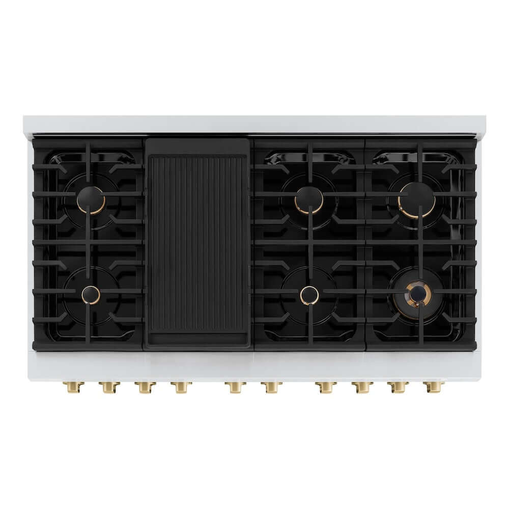 ZLINE Autograph Edition 48 in. Gas Range with Black Matte Doors and Champagne Bronze Accents (SGRZ-BLM-48-CB) from above showing 8-burner gas cooktop and reversible griddle.