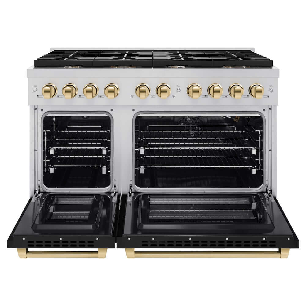 ZLINE Autograph Edition 48 in. Gas Range with Black Matte Doors and Polished Gold Accents (SGRZ-BLM-48-G) front, oven doors open.