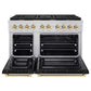 ZLINE Autograph Edition 48 in. 6.7 cu. ft. Paramount Double Oven Gas Range with 8 Burner Cooktop in Stainless Steel with Black Matte Doors and Polished Gold Accents (SGRZ-BLM-48-G) front, oven open.