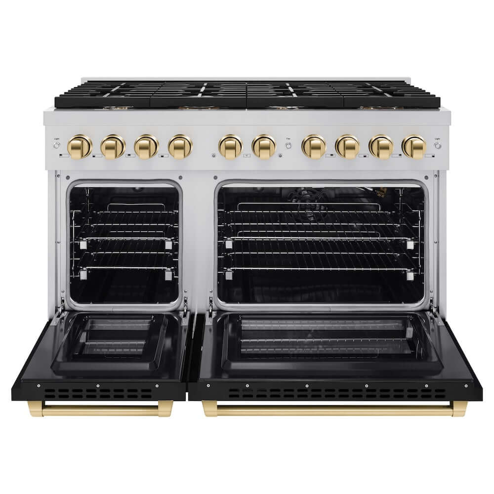 ZLINE Autograph Edition 48 in. 6.7 cu. ft. Paramount Double Oven Gas Range with 8 Burner Cooktop in Stainless Steel with Black Matte Doors and Polished Gold Accents (SGRZ-BLM-48-G) front, oven open.