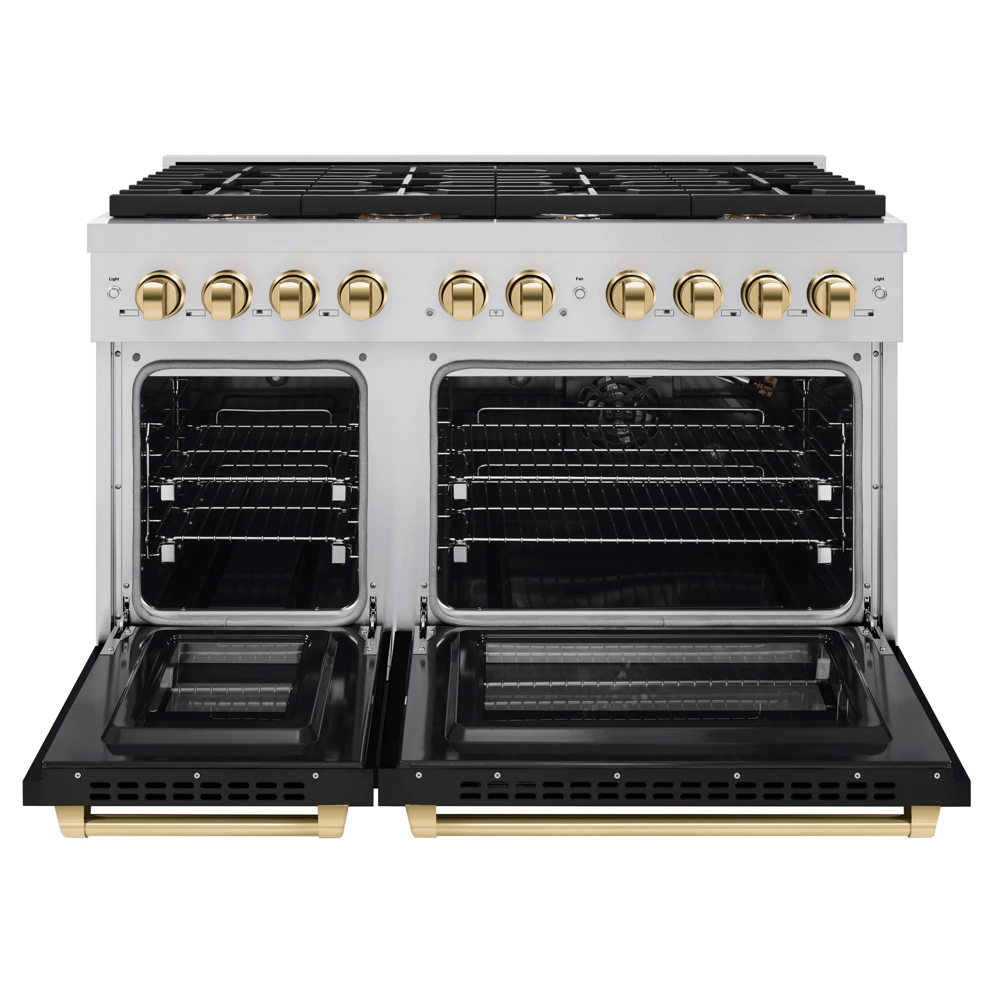 ZLINE Autograph Edition 48 in. 6.7 cu. ft. Paramount Double Oven Gas Range with 8 Burner Cooktop in Stainless Steel with Black Matte Doors and Polished Gold Accents, Open Box-Great Condition