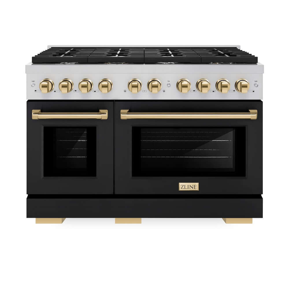 ZLINE Autograph Edition 48 in. Gas Range with Black Matte Doors and Polished Gold Accents (SGRZ-BLM-48-G) front, oven doors closed.