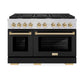 ZLINE Autograph Edition 48 in. 6.7 cu. ft. Paramount Double Oven Gas Range with 8 Burner Cooktop in Stainless Steel with Black Matte Doors and Polished Gold Accents (SGRZ-BLM-48-G) front, oven closed.