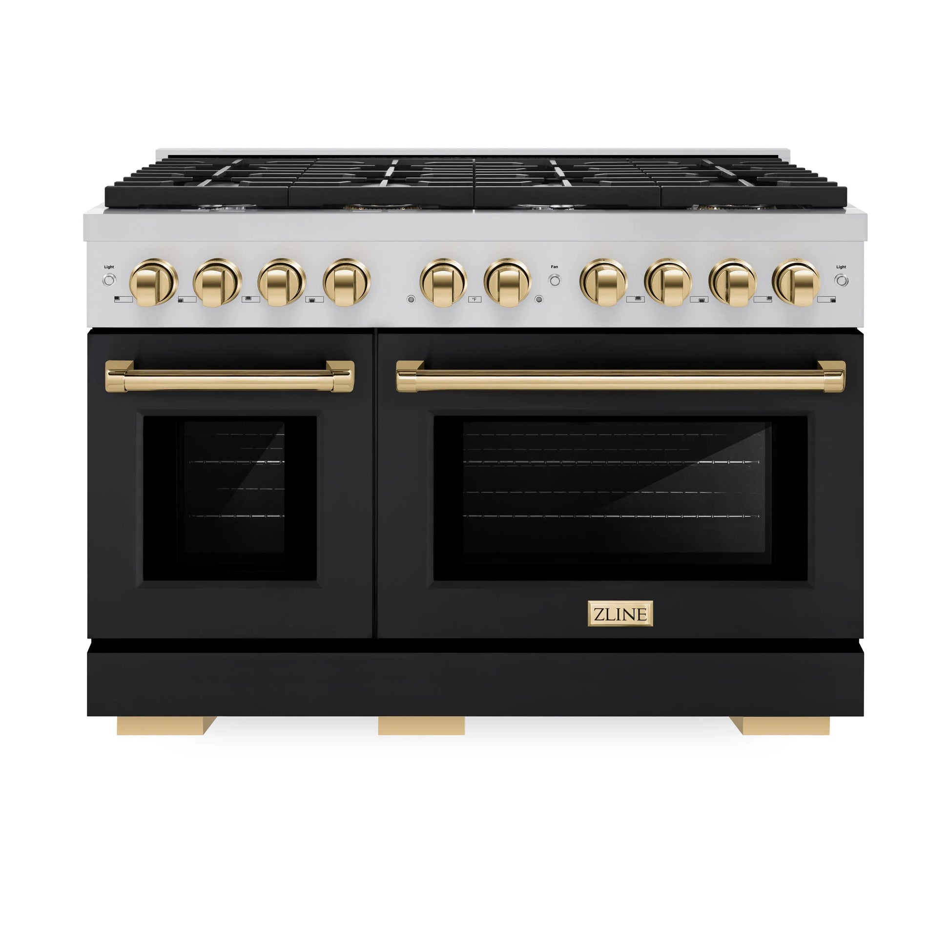 ZLINE Autograph Edition 48 in. 6.7 cu. ft. Paramount Double Oven Gas Range with 8 Burner Cooktop in Stainless Steel with Black Matte Doors and Polished Gold Accents, Open Box-Great Condition